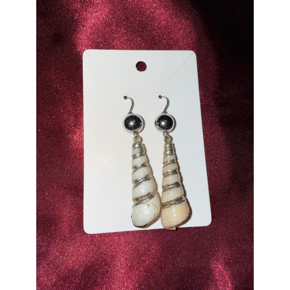 Natural Auger Sea Shell Wire Wrapped Drop Earrings Silver Tone Coastal Boho